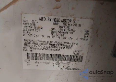 2016 Ford Edge Sport z USA, uszkodzony, nr VIN 2FMPK4AP1GBB57892